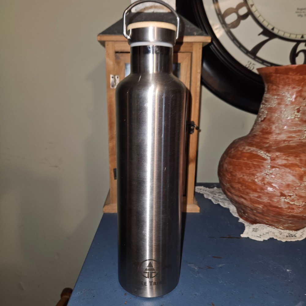 Tree Tribe Water Bottle Unisex 20oz Stainless Steel Bamboo Lid Silver Insulated